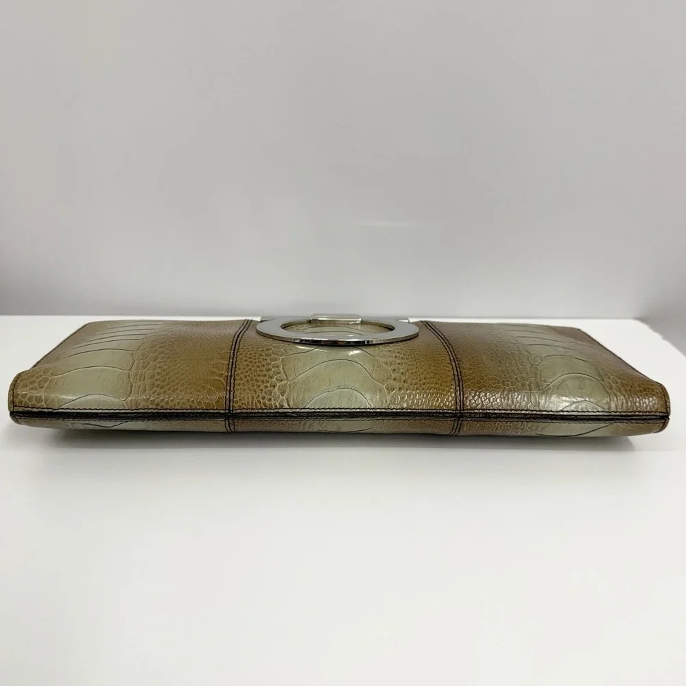 Salvatore Ferragamo Leather Croc Embossed Clutch Bag Purse Large Gancini Lock